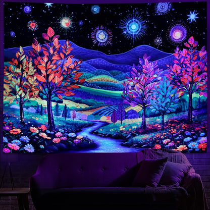 Heynvioo Blacklight Forest Tree Tapestry UV Reactive Fantasy Starry Sky Tapestries Colorful Nature Landscape Tapestry Hippie Mountain Tapestries Vintage Aesthetic Wall Hanging Decor for Home