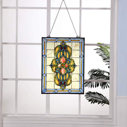 Bieye W10030 Victorian Tiffany Style Stained Glass Window Panel Hangings with Chain, 18" W x 25" H
