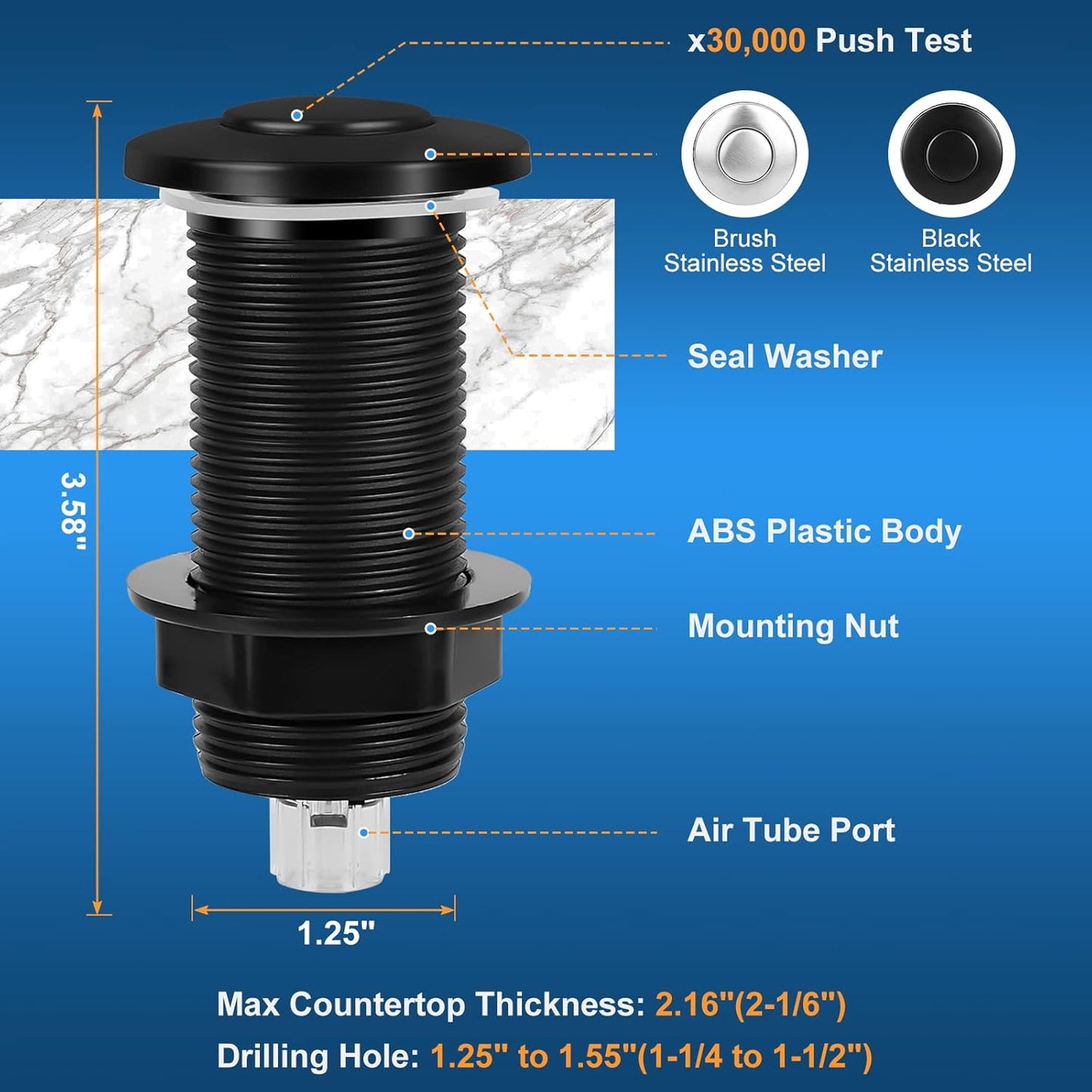 Dual Outlet Garbage Disposal Air Switch Kit, UL Listed Sink Top Air Switch for Food Waste Disposal, 3.58” Extra Long Air Button, Black Stainless Steel
