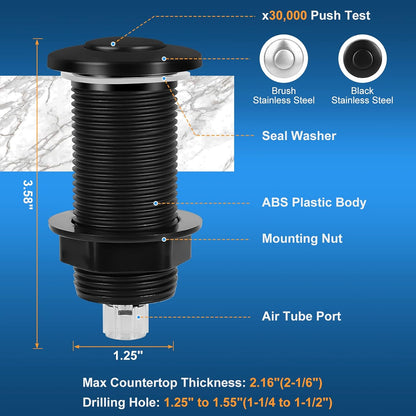 Air Switch Kit for Garbage Disposal, UL Listed Sink Top Air Switch for Food Waste Disposal, 3.58” Extra Long Air Button (Black Stainless Steel)
