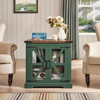 24" End Table with Charging Station, Farmhouse Night Stand with Glass Barn Door, Green Nightstands with Adjustable Storage Shelf, Large Wood Square Bed Side Table for Living Room, Bedroom