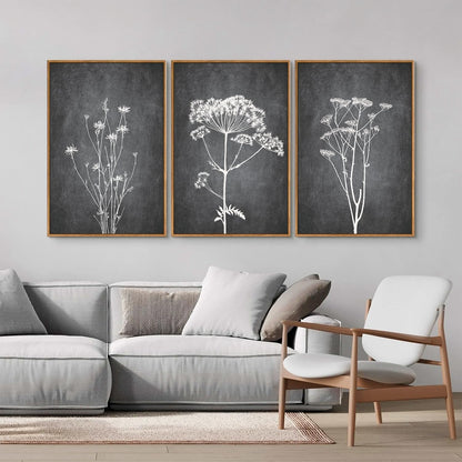 Tinonedraw Black and White Botanical Framed Canvas Wall Art Set, Vintage Floral Wall Decor, Dark Academia Minimalist Plant Art Paintings, Abstract Wildflower Art Print for Living Room Bedroom 16"x24"x3