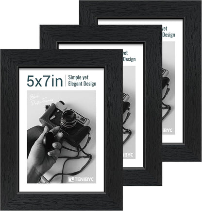 5x7 Picture Frame 3 Pack - Black Woodgrain, Solid Wood & HD Tempered Glass, Table Display or Wall Hanging