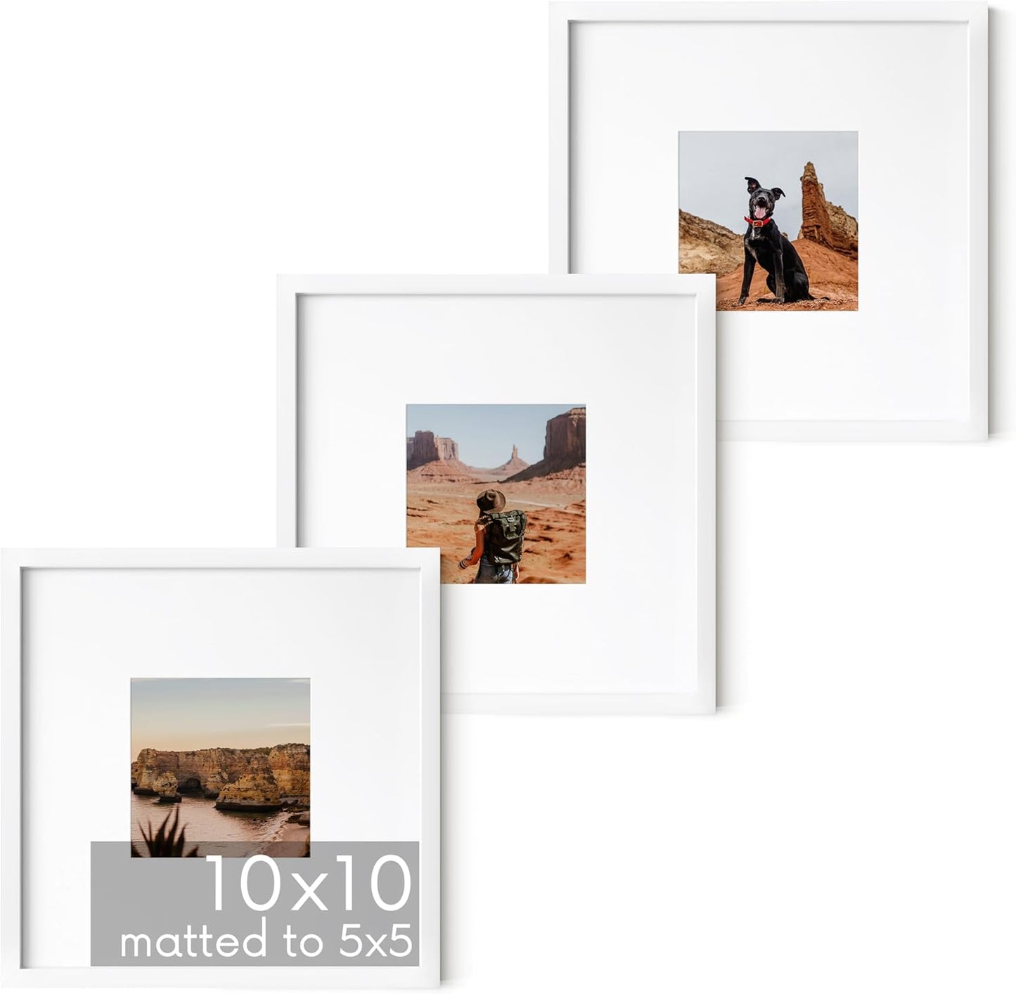 HAUS AND HUES 10x10 White Metal Picture Frames Matted to 5x5 - Features Premium Aluminum & Hanging Hardware, Shatterproof Plexiglass - Ideal for Home, Room, Office (10x10 in, White, Set of 3)