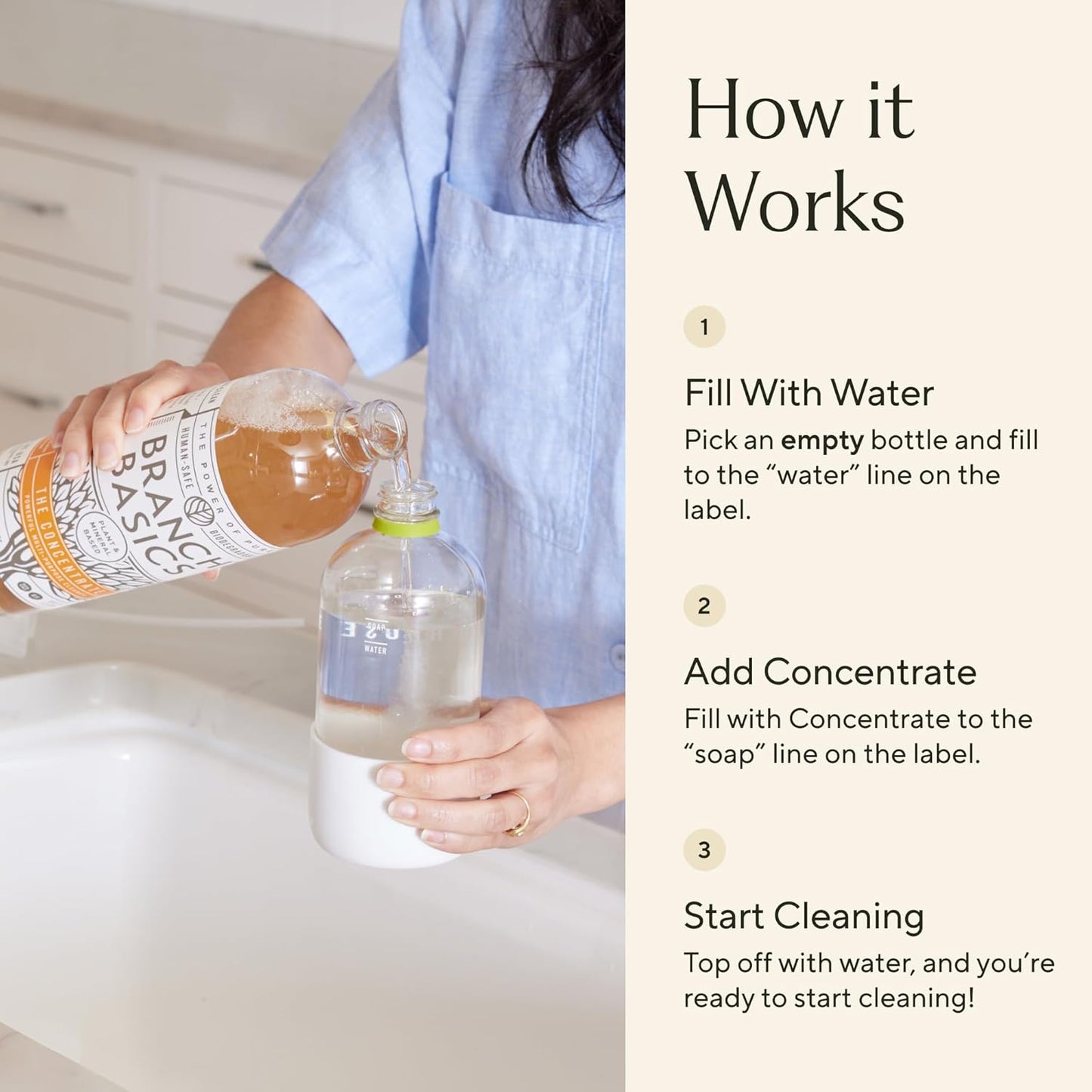 Branch Basics Premium Starter Kit in Glass: All Purpose Cleaner, Glass Cleaner, Bathroom Cleaner, Wash Bottle, and Laundry Bottle (3 Glass Spray Bottles + Concentrate) Fragrance-Free