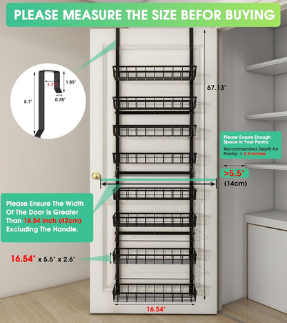 Over The Door Pantry Organizer, Wall Mount Spice Rack, Pantry Hanging Storage and Organization, 8 Adjustable Baskets Heavy-Duty Metal for Home & Kitchen, Back of Door Seasoning Rack - Black