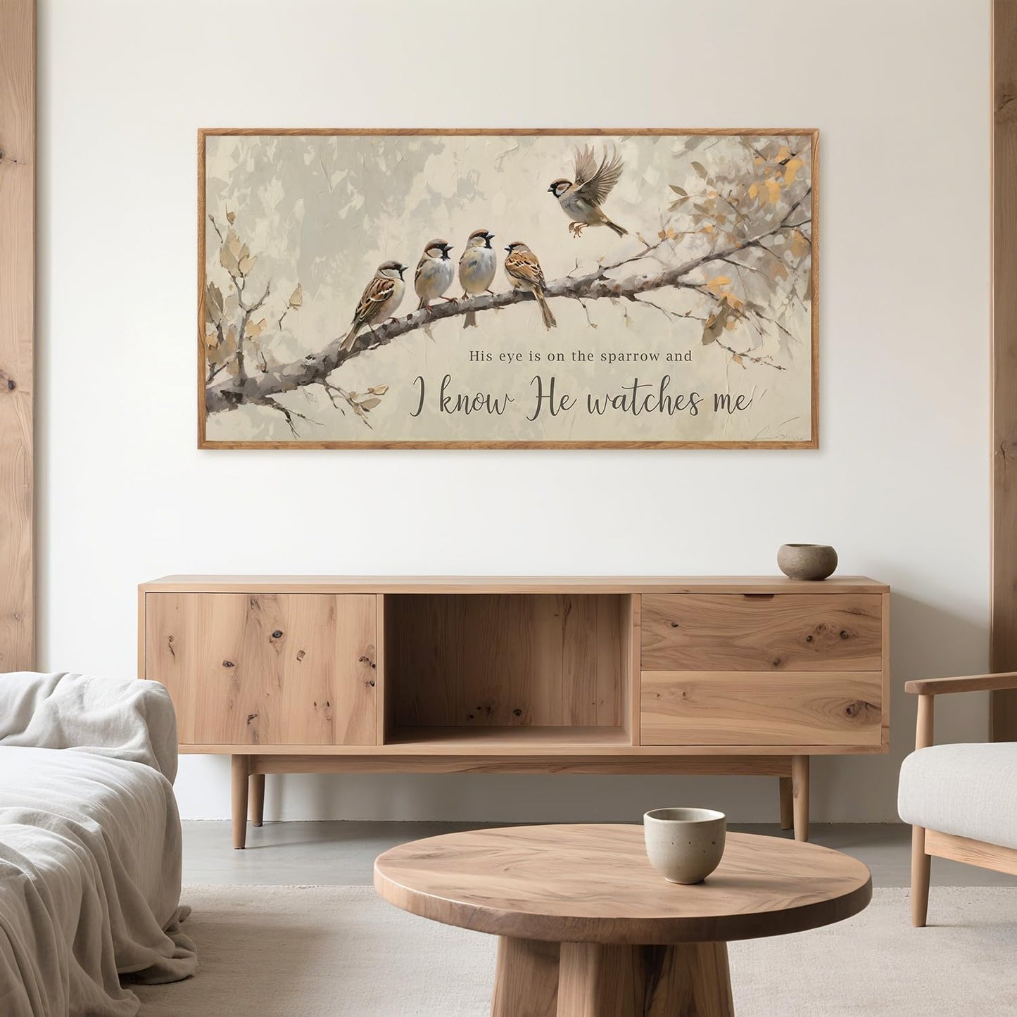 Aurlan His Eye is on the Sparrow Christian Wall Art Framed(40"x20"), Vintage Neutral Birds on Tree Branch Nature Canvas Artwork, Religious Faith Gift Bible Verse Scripture Print Decor for Home Office Bedroom