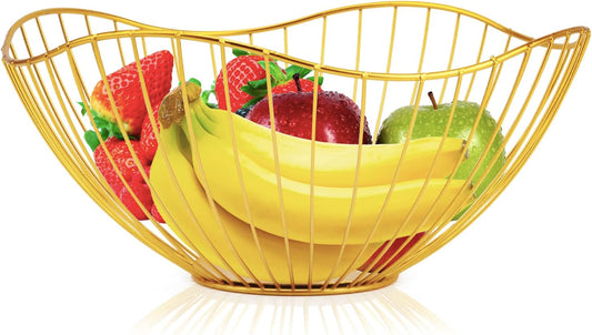 Metal Wire Fruit Basket, Gold Fruit Bowl for Kitchen Counter, Fruit Holder Stand Storage Baskets for Countertop, Home Decor, Table Centerpieces, Vegetable Bowls for Fruits, Veggies, Snacks (Gold)