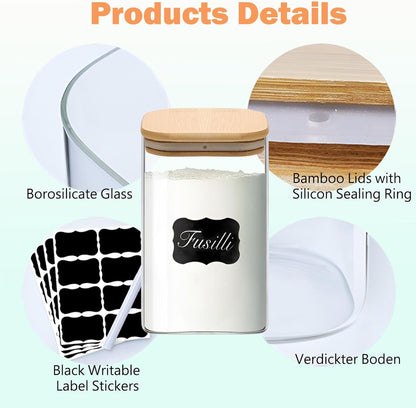 Square Glass Jars Canister with Wood Lid 37 FL OZ [Set of 4], Container Jar with Sealing, Lids for Oat Pasta Flour Cereal Rice Sugar Tea Coffee Beans, Best for Kitchen & Pantry
