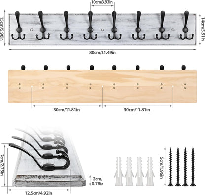 Coat Rack Wall Mount, Wooden Heavy Duty Coat Rack for Wall,8 Triple Coat Hanger Hooks for Hanging Coats,Jacket,Hat,Clothes (Grey White, 8 Hooks)