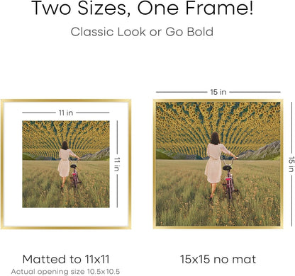 Homeforia 15x15 Picture Frame Gold, High End Metal 15 x 15 Square Poster Frame with Mat 11 x 11 Photo, 15x15 Frame Matted to 11x11 Print, 15by15 Gold Hanging Frames, Tempered Glass, Wall Kit, Set of 1