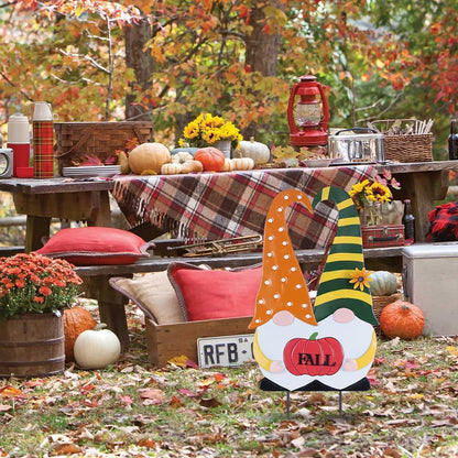 YEAHOME Outdoor Fall Decor, 2 Gnomes Decorative Garden Stake with Pumpkin for Fall Decorations, Autumn Metal Yard Signs for Home Outside Garden Porch Lawn, Thanksgiving Decorations Outdoor (YHMD-478)
