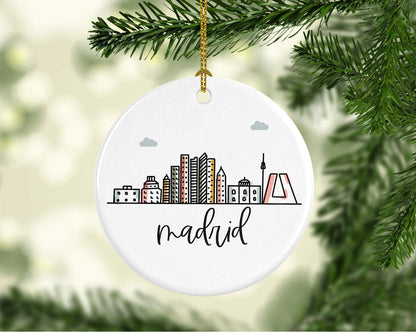 Andaz Press Round Ceramic Porcelain Christmas Tree Ornament Keepsake Gift, Madrid, Colorful International City Skyline Graphic, 1-Pack, Birthday Ideas Family Coworker Him Her, Gift Box