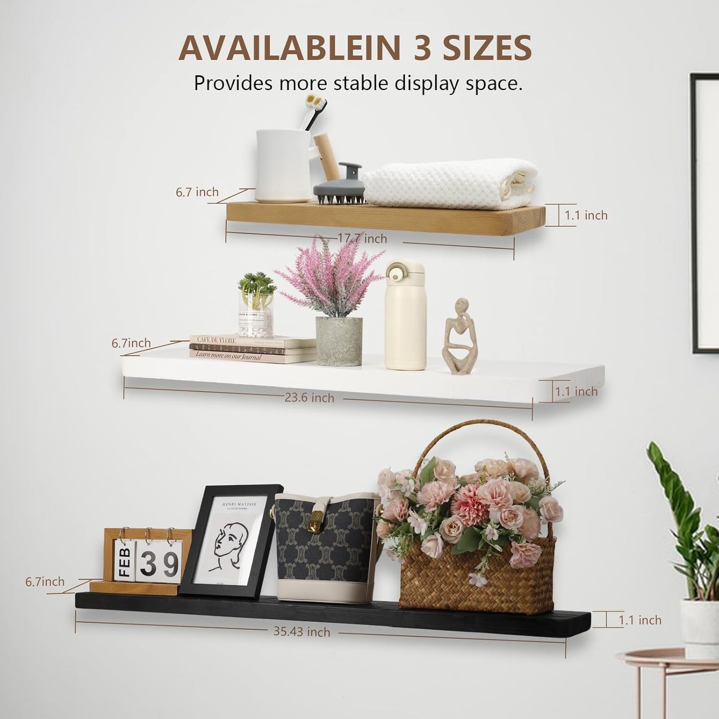 Solid Wood Floating Shelves Set of 2 - Natural, Warp & Crack Resistant 35.43 Inch Wall Shelf with Invisible Brackets Thicker, More Durable for Bathroom, Bedroom, Kitchen, Living Room (Black, 35.43)