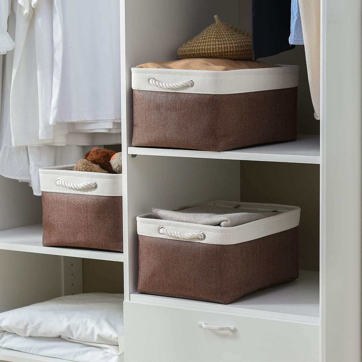 Large Storage Baskets for Shelves, Fabric Baskets for Organizing, Collapsible Storage Bins for Closet, Nursery, Clothes, Home & Office [3-Pack, White&Brown]