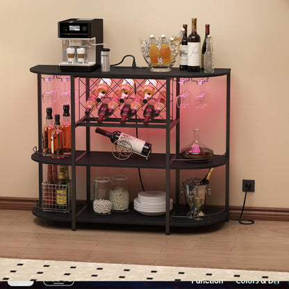 Wine Cabinet Coffee Table with Power Socket and LED Light, Three Tiers Coffee Bar Table Wine Rack Liqour Bar with Large Storage for Home Kitchen (Black)