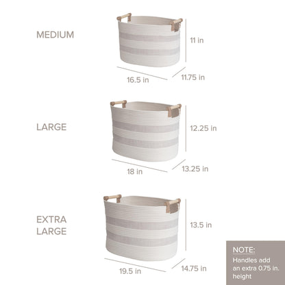 RGI Home Storage Baskets for Organizing, Textured Linen and Fabric Rope, Set of 3 Oval Decorative