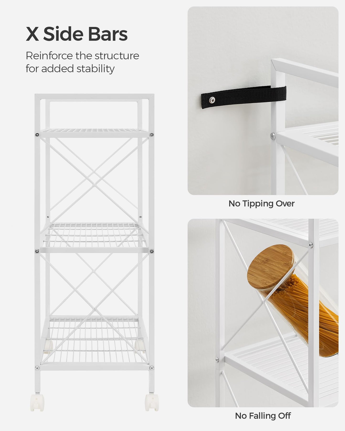 SONGMICS 3-Tier Metal Storage Rack with Wheels, Mesh Shelving Unit with X Side Frames, 23.6-Inch