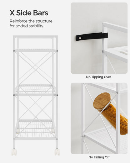 SONGMICS 3-Tier Metal Storage Rack with Wheels, Mesh Shelving Unit with X Side Frames, 23.6-Inch