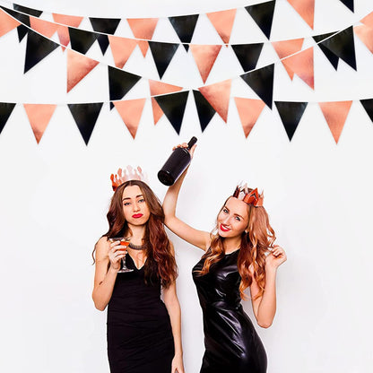 Black Rose Gold Party Decorations Triangle Pennant Banner Flag Rose Gold Black Metallic Fabric Bunting Garland for Graduation Birthday Wedding Engagement Bachelorette Celebration Hen Party Supplies