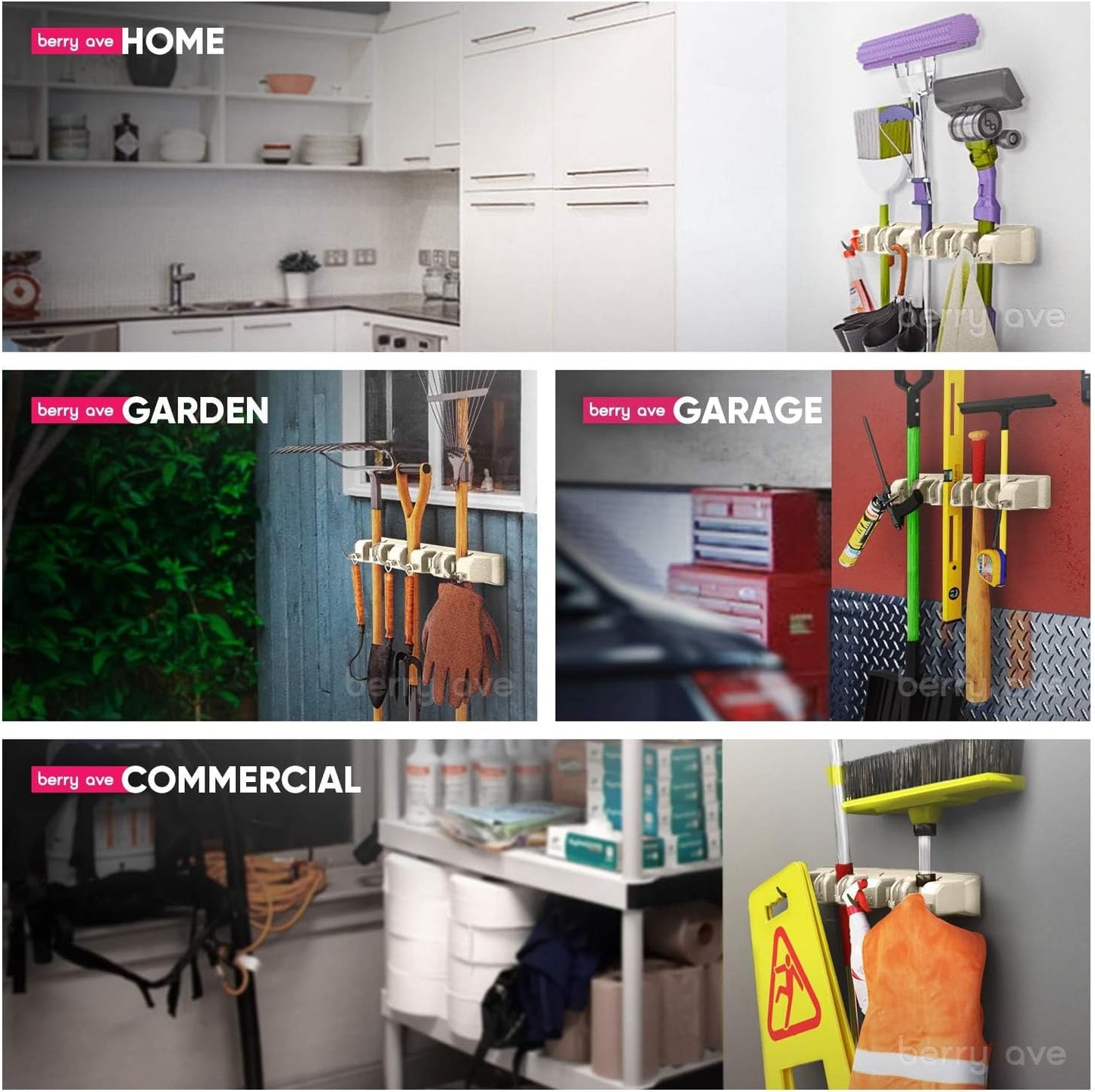 Berry Ave Broom Holder & Wall Mount Garden Tool Organizer- Kitchen, Closet, Garage & Laundry Room Storage With 5 Slots And 6 Hooks- Wall Holder For Broom, Rake & Mop Handles Up To 1.25??[Beige 2-Pack]