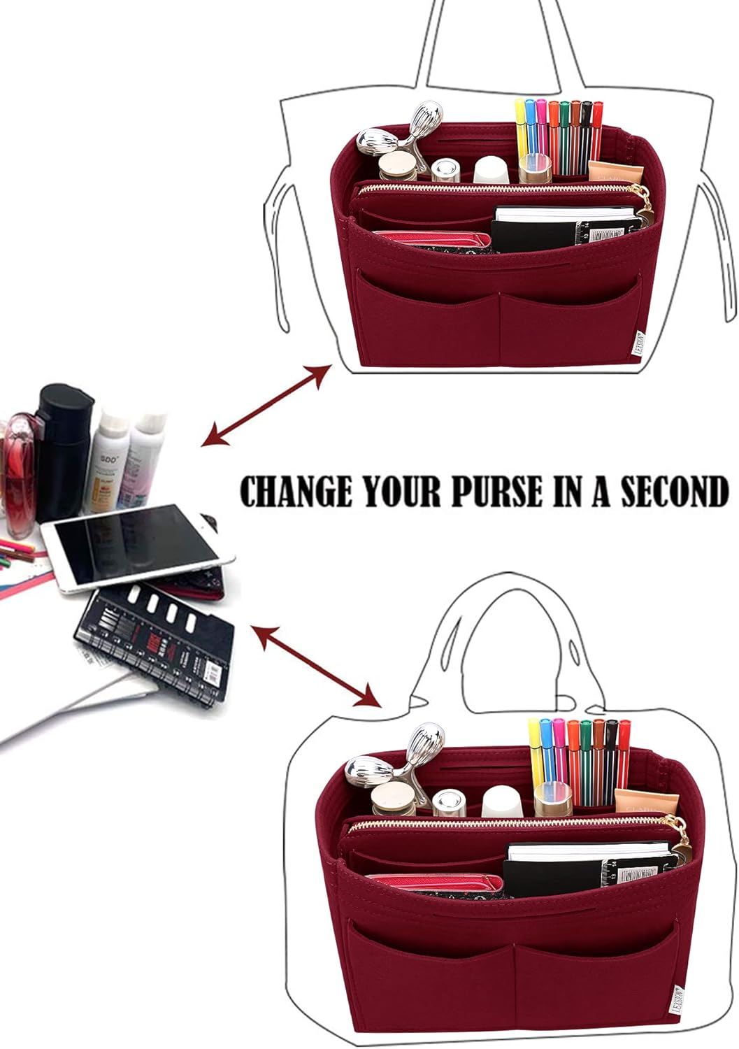 LEXSION Felt Purse Bag Organizer Insert with zipper Bag Tote Shaper Fit Speedy Neverful PM MM