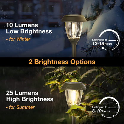 XMCOSY+ Solar Lights Outdoor 10/25 LM LED with 2 Lighting Modes, Solar Garden Lights Glass and Metal, IP65 Waterproof Solar Powered for Yard Pathway Walkway Driveway Patio (6 Pack, Warm White)