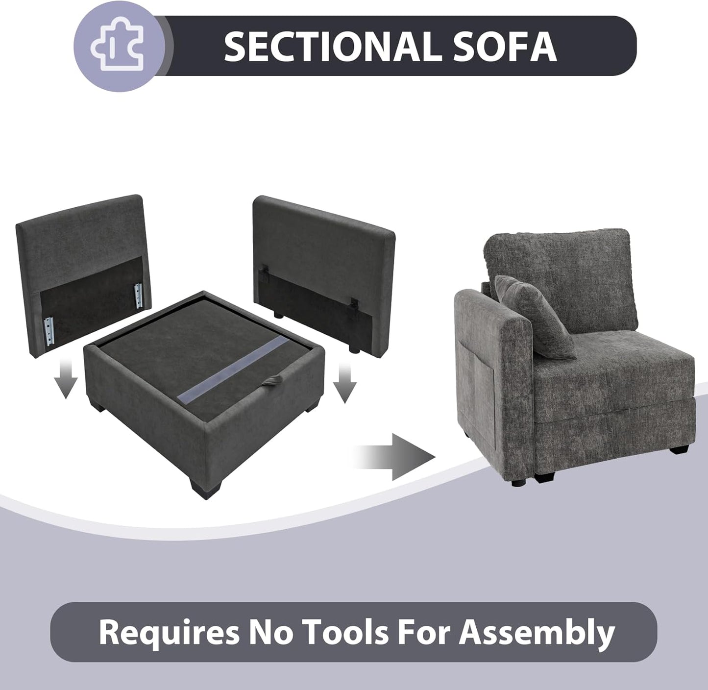 mestyl Modular Sectional Sofa Convertible Sofa Couch Set with Storage for Living Room, Modern 3 Seater Modular Sectional Couch (Grey)