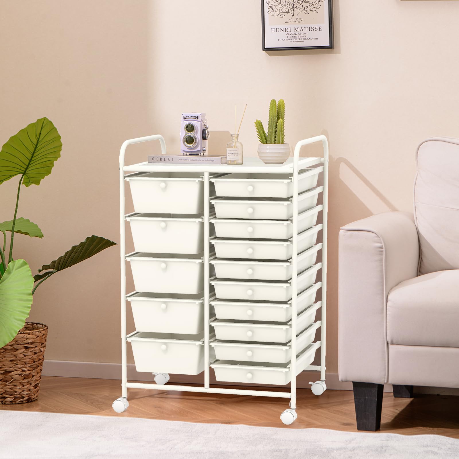 COSTWAY 15 Drawer Rolling Storage Cart, Mobile Utility Cart with Lockable Wheels, Drawers