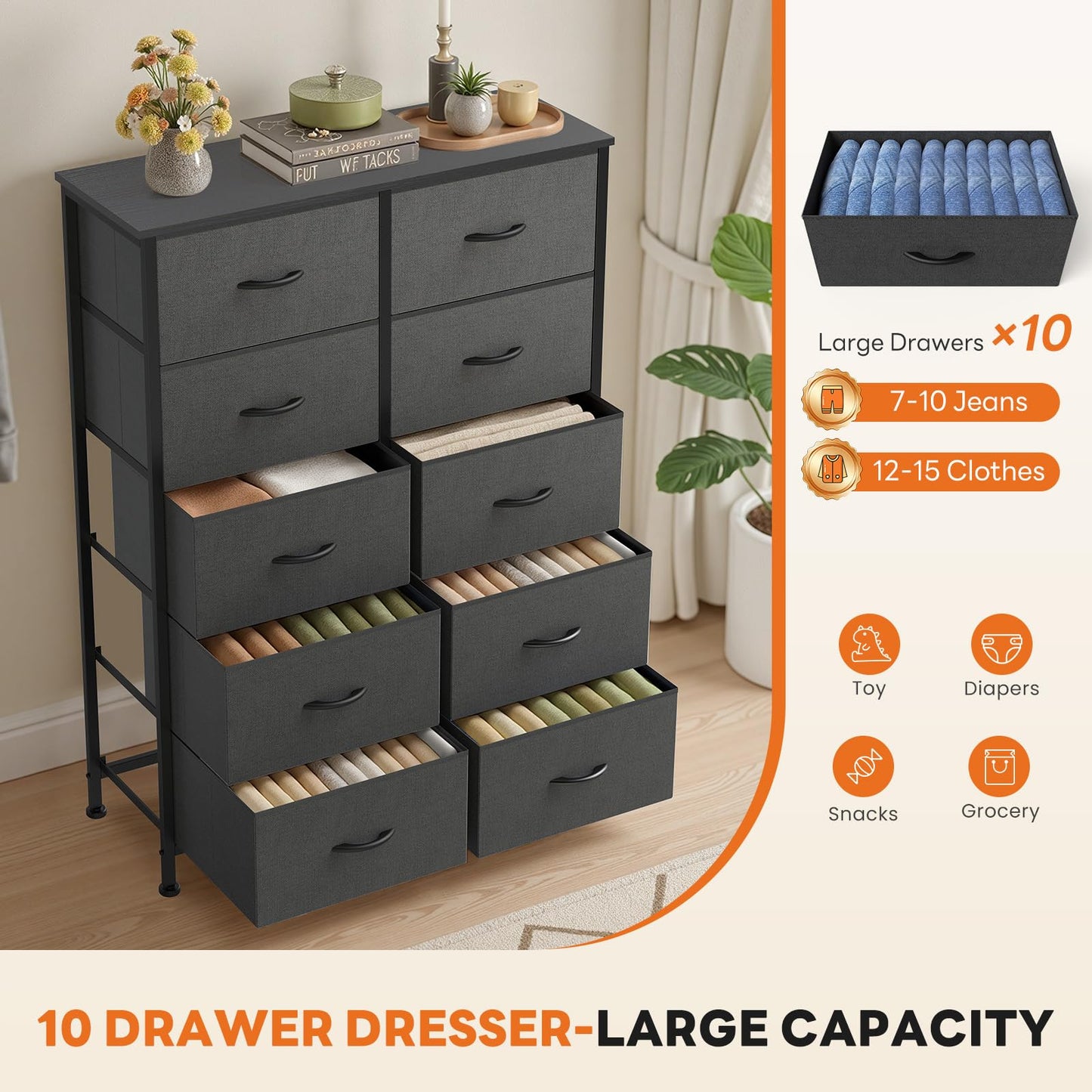 Sweetcrispy 10 Drawer Tall Dresser for Bedroom & Living Room, Grey