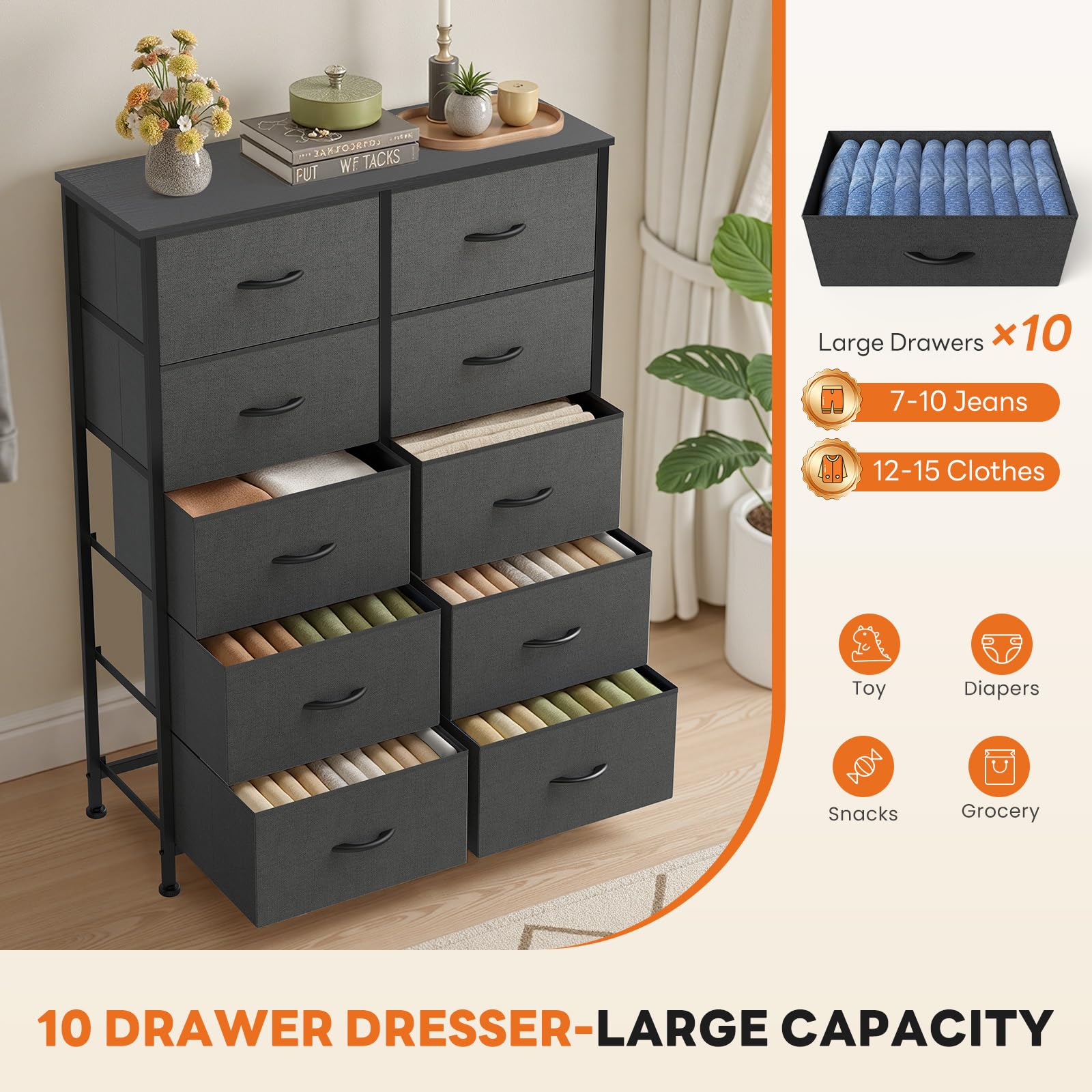 Sweetcrispy 10 Drawer Tall Dresser for Bedroom & Living Room, Grey