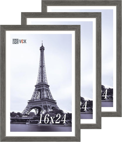 VCK 16x24 Frame Set of 3, Gray Solid Wood Poster Picture Frame, Exclusive Wood Grain, Wall Gallery Frame