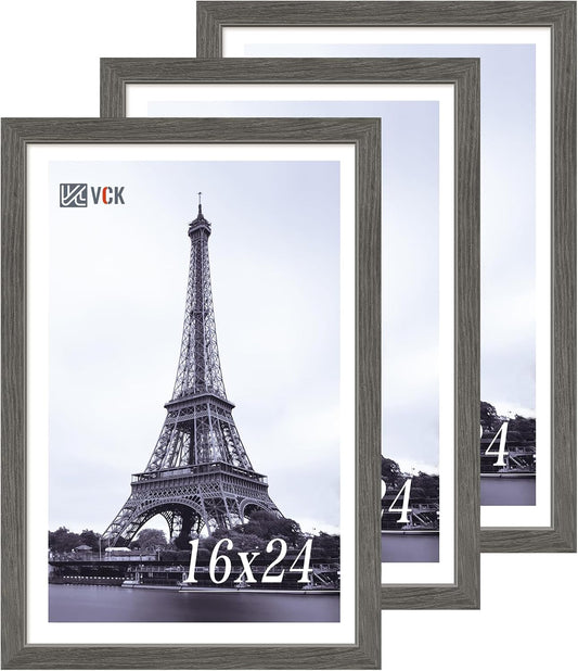 VCK 16x24 Frame Set of 3, Gray Solid Wood Poster Picture Frame, Exclusive Wood Grain, Wall Gallery Frame