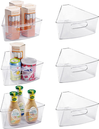 Oubonun Lazy Susan Organizers Set of 6, 12.8’’ x 11.7’’ x 4’’ Plastic Transparent Kitchen Cabinet Storage Bins with Handle, 4" Deep Container, 1/8 Wedge - Food Safe, without BPA