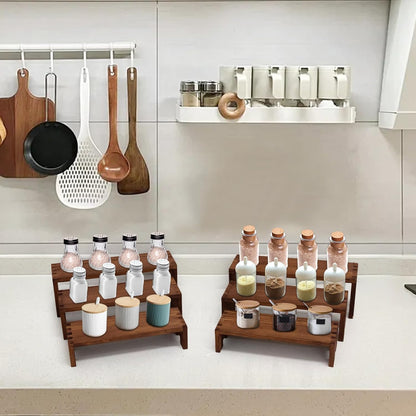 Display Wood Risers Wooden Stand 3 Tier Wood Racks Decorative Rectangular, 2 Set 6 Piece Cupcake Stands Cologne Perfume Organizer Dessert Showcase(Brown)