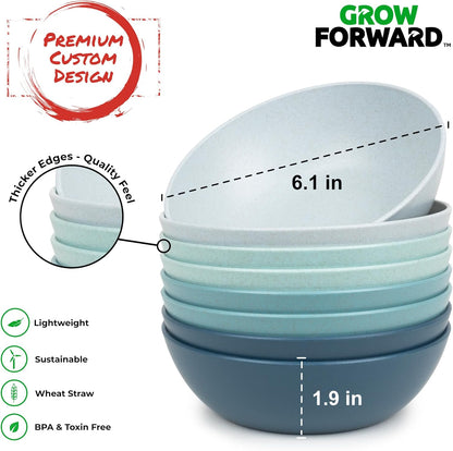 Grow Forward Premium Wheat Straw Bowls - 20oz Microwave Safe Plastic Cereal Bowls Set of 8 for Kitchen, Camping, RV, Dessert, Snack, Soup, Salad, Fruit - Reusable, Unbreakable & BPA Free - Seascape