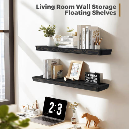36"x6.8"x1.6" Slanted Floating Wall Shelves 2-Pack - Rustic Black Finish, Heavy-Duty Solid Wood Design with Hidden Brackets - Perfect for Living Room, Kitchen, Bathroom, or Office