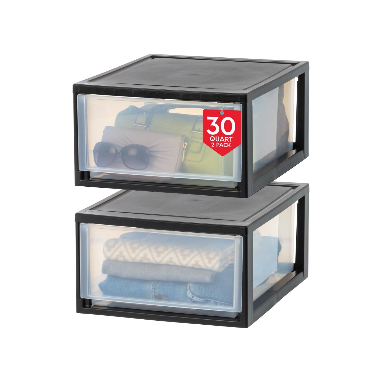 IRIS USA 2-Pack 30 Qt. Stacking Drawer Organizer with Sliding Drawer, Black