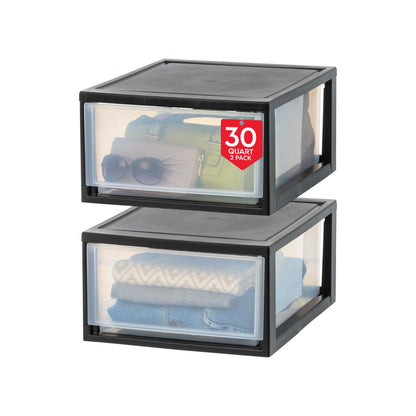 IRIS USA 2-Pack 30 Qt. Stacking Drawer Organizer with Sliding Drawer, Black