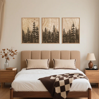 Pine Tree Framed Canvas Wall Art Set, Natural Woodland Landscape Wall Decor, Large Retro Forest Painting, Vintage Brown Artwork for Living Room, Bedroom, Kitchen, Study, Office - 16"x24"x3