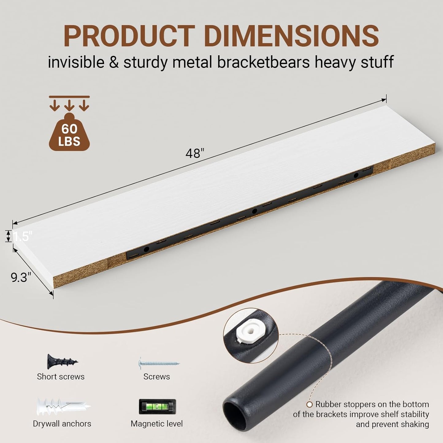 Heimlove Floating Shelves for Wall 48 Inches Long,9.3" Deep White Floating Shelf Set of 2,Wall Mounted Shelves for Bathroom Bedroom Living Room Kitchen Office,Shelf for Books Storage Room Decor