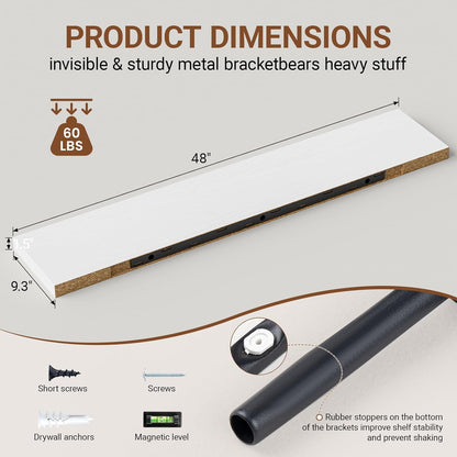 Heimlove Floating Shelves for Wall 48 Inches Long,9.3" Deep White Floating Shelf Set of 2,Wall Mounted Shelves for Bathroom Bedroom Living Room Kitchen Office,Shelf for Books Storage Room Decor