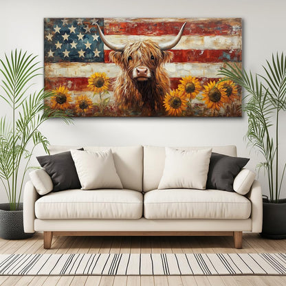LASMOND Country Highland Cow Wall Art for Living Room Rustic Retro Vintage American Flag Sunflower Canvas Painting Prints Highland Cattle Artwork Farmhouse Bedroom Office Decor (58x28 Inches)