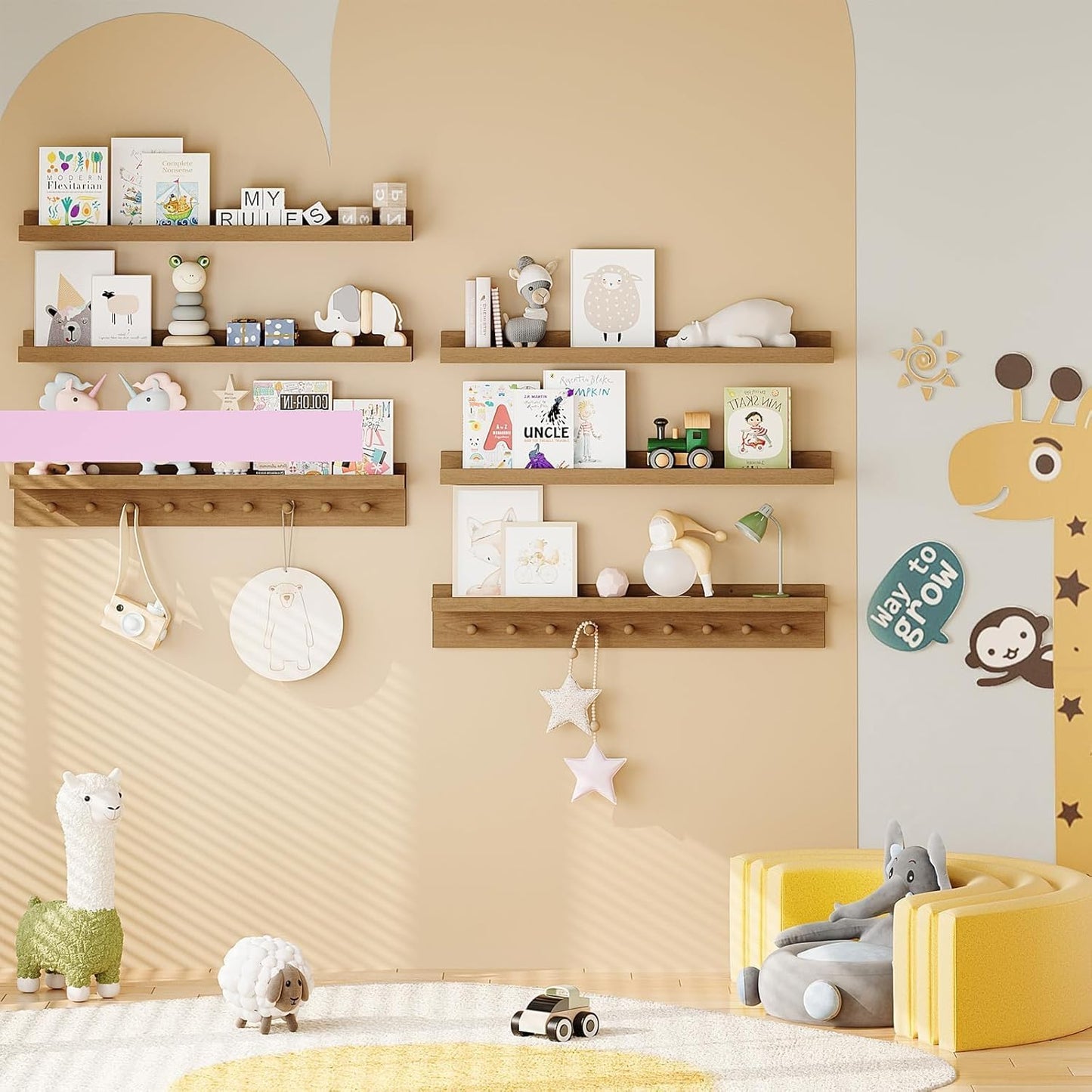 MBYD Floating Shelves 36 Inch, Nursery Book Shelves for Kids Room, Hanging Bookshelf with Hooks Set of 3, Light Walnut Wood Picture Ldge Shelving, Kitchen Wall Shelf Spice Rack for Bedroom Bathroom