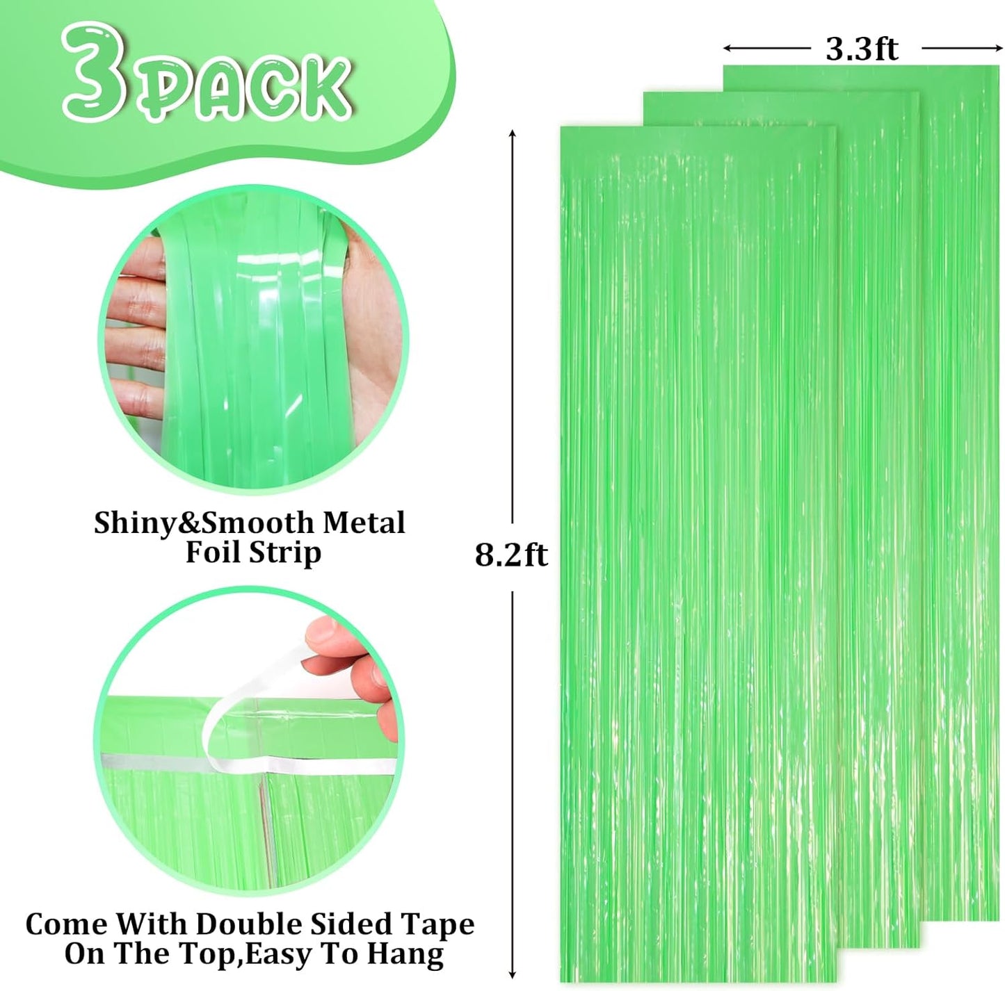 3 Pack 3.3 x 8.2 ft Pastel Green Foil Fringe Backdrop Curtains, Tinsel Streamers Party Decorations, Fringe Backdrop