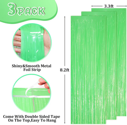3 Pack 3.3 x 8.2 ft Pastel Green Foil Fringe Backdrop Curtains, Tinsel Streamers Party Decorations, Fringe Backdrop