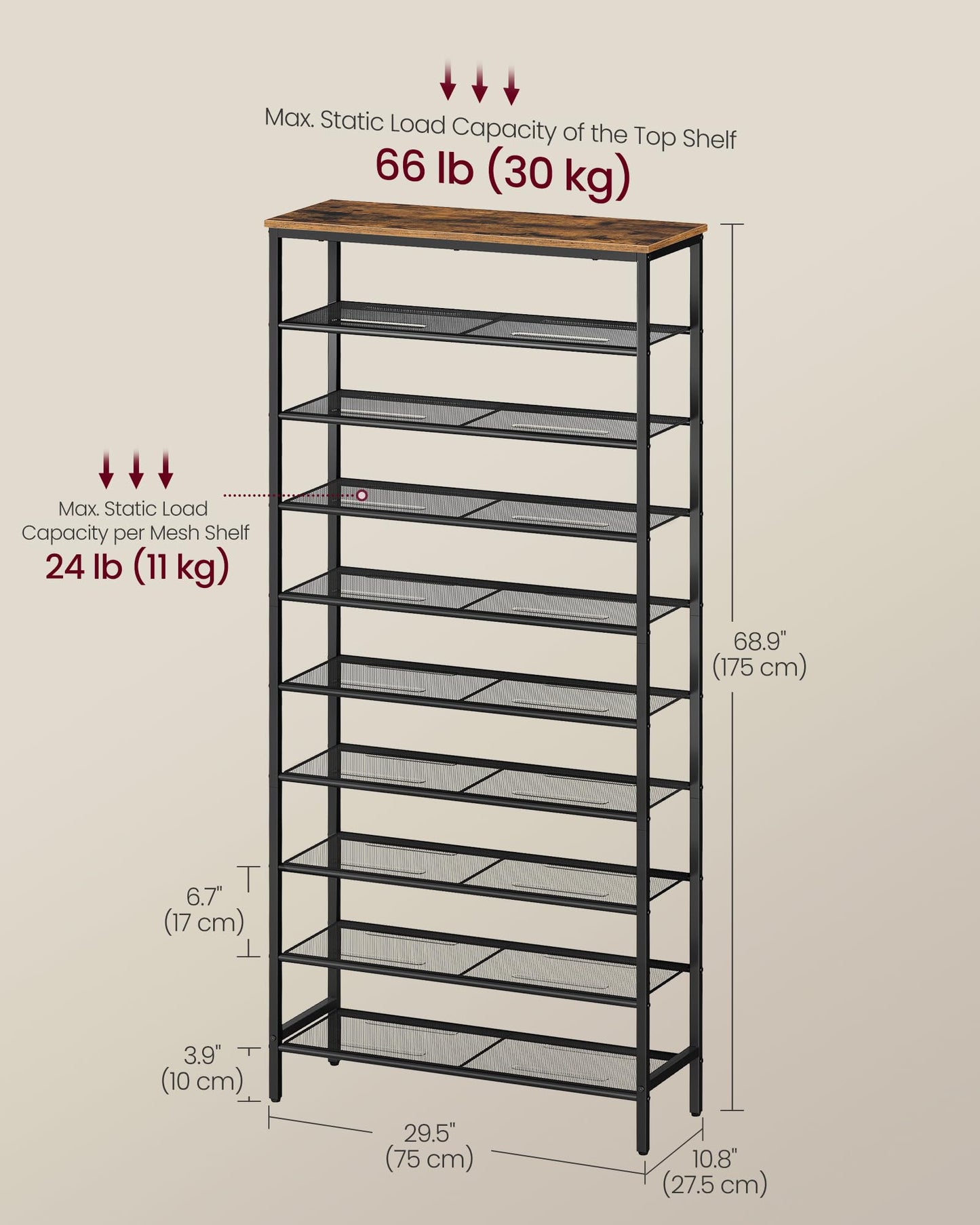 VASAGLE Shoe Rack with 9 Mesh Shelves and 1 Large Top for Bags, Steel Frame