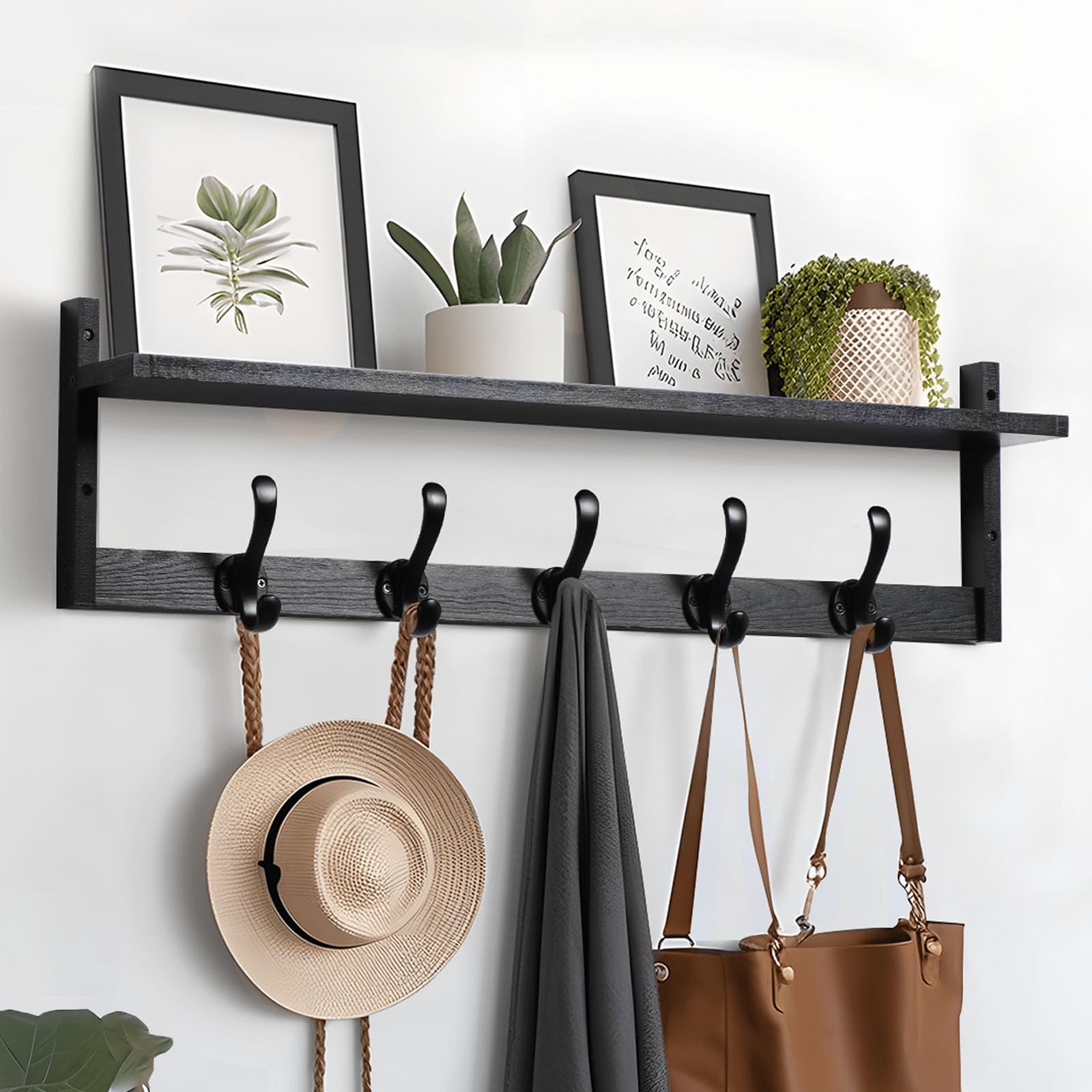 Tatub 29'' Coat Rack Wall Mount with Shelf, Wood Wall Hooks with Storage, Entryway Shelf with 5