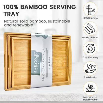 Bamboo Serving Tray with Handles Set of 3 - Decorative Wooden Trays for Eating, Working, and Storing, Suitable for Use in Bedroom, Living Room, Kitchen, Bathroom, Outdoor Scenarios and More
