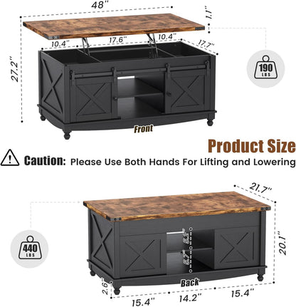 48" Farmhouse Lift Top Coffee Table with Storage Sliding Barn Door & Large Hidden Compartment, Coffee Table with Lifting Top with Wooden Lift Tabletop, Coffee Tables for Living Room, Black